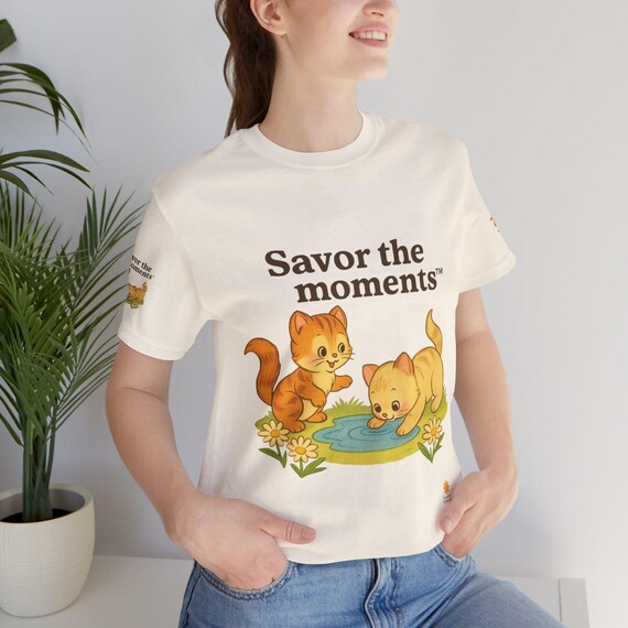 Cute Cat Illustration Tee | Savor the Moments Short Sleeve Shirt, Animal Lover Gift, Pet Enthusiast Apparel, Summer Fashion, Cute [...]