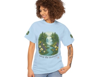 Waterfall, daisies, Nature-Inspired Floral Print T-Shirt - Unisex Tee Savor the Moments