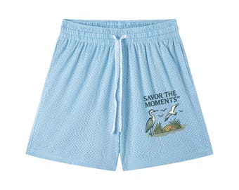 Mesh Drawstring Shorts for beach lovers who crave a coastal vibe, inspired by seagulls, sea oats, and shoreline wildlife, savor the moments.