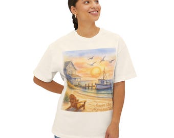Coastal Sunset Beach Scene Tee | Seaside Porch, Fishing Boat, Seagulls
