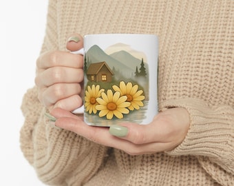 Woodland Cabin Ceramic Mug – Rustic Sunflower Design