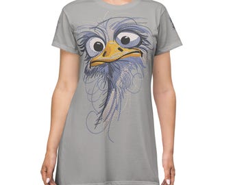 Cosmic Ostrich T‑Shirt Dress • Whimsical Bird Illustration • All‑Over Print Graphic Dress • Funny Animal Lover Gift