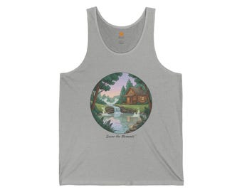 Cottage by river tank, Waterfall vibe, peaceful nature scene, woodland lovers, calm outdoor, comfort