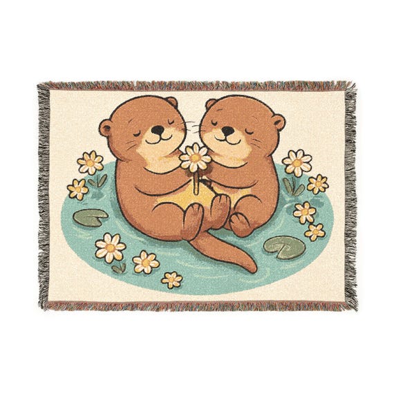 Otter Pair Holding Flowers Woven Blanket | Cozy Animal Throw