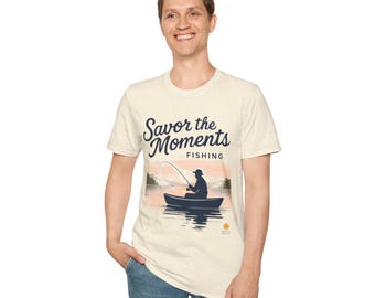 Lake Fishing T‑Shirt • Boat Sunset Graphic Tee • Person Fishing Nature Scene • Outdoors Fisherman Gift