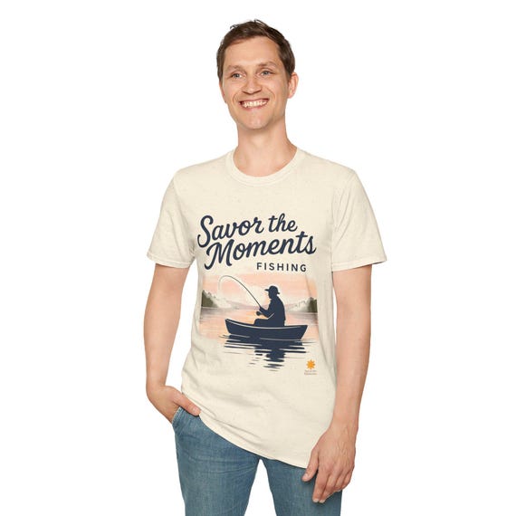 Lake Fishing T‑Shirt • Boat Sunset Graphic Tee • Person Fishing Nature Scene • Outdoors Fisherman Gift