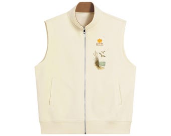 Coastal vest vibe Essential Heavyweight Vest with seagulls, sea oats, serene ocean scene, beach lovers, savor‑the‑moment style.