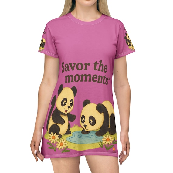 Panda Illustration T-Shirt Dress | Pink All-Over Print, Savor the Moments