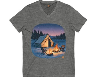 Camping V-Neck Tee, Cozy Fire Pit Graphic Shirt, Unisex Short Sleeve Savor Moments