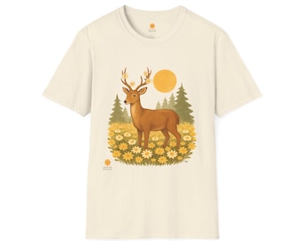 Forest Deer T‑Shirt • Daisy Meadow Sunlit Nature Tee • Floral Antlers Wildlife Graphic