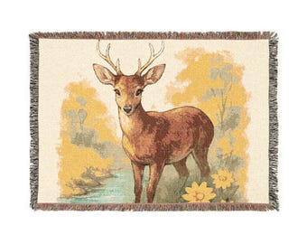Vintage Deer Woven Blanket | Woodland Stag Tapestry Throw