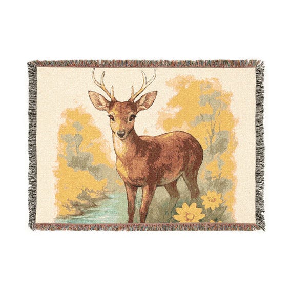 Vintage Deer Woven Blanket | Woodland Stag Tapestry Throw