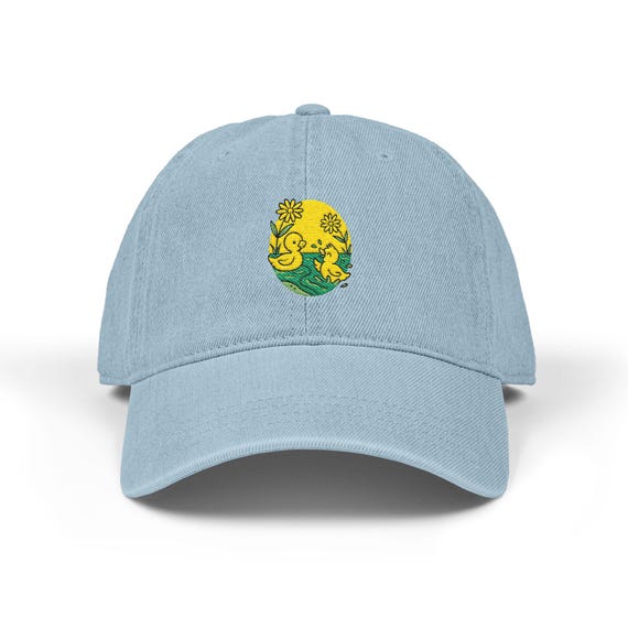 Ducklings Embroidered Denim Hat with Sunny Floral Design, Summer Accessory, Gift for Gardeners, Fun Outdoor Cap, Trendy Streetwear Hat