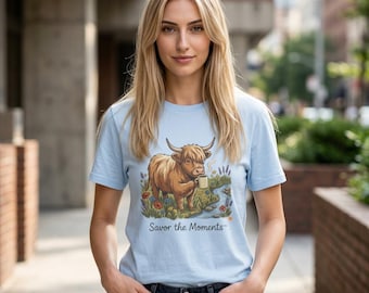 Highland Cow Drinking Coffee T-Shirt | Savor the Moments, Nature-Inspired
