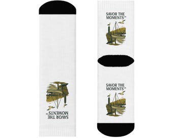 Fishing Boat Crew Socks • Beach Chair Coastal Vibe • Savor the Moments Ocean Scene • Nautical Nature Lover Gift