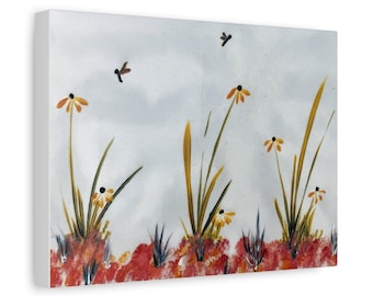 Dragonfly Wildflower Canvas, Botanical Nature Lover Scene, dragonflies, Soft Floral  Matted Canvas