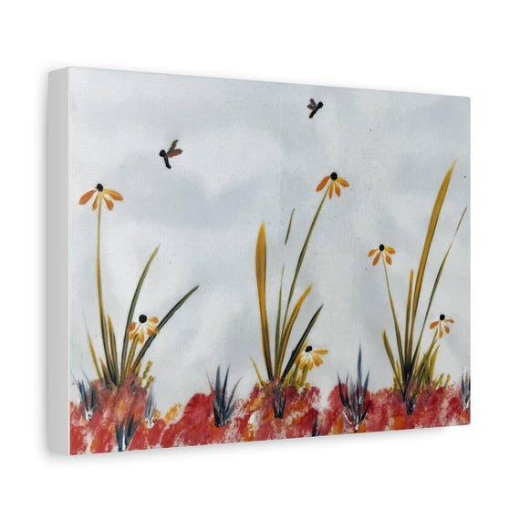 Dragonfly Wildflower Canvas, Botanical Nature Lover Scene, dragonflies, Soft Floral  Matted Canvas