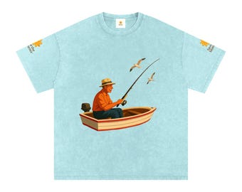 Coastal Fishing Boat T‑Shirt • Snow Washed Oversized Cotton Tee • Fishing Pole, Seagulls & Sea Graphic • Outdoor Ocean Adventure Style