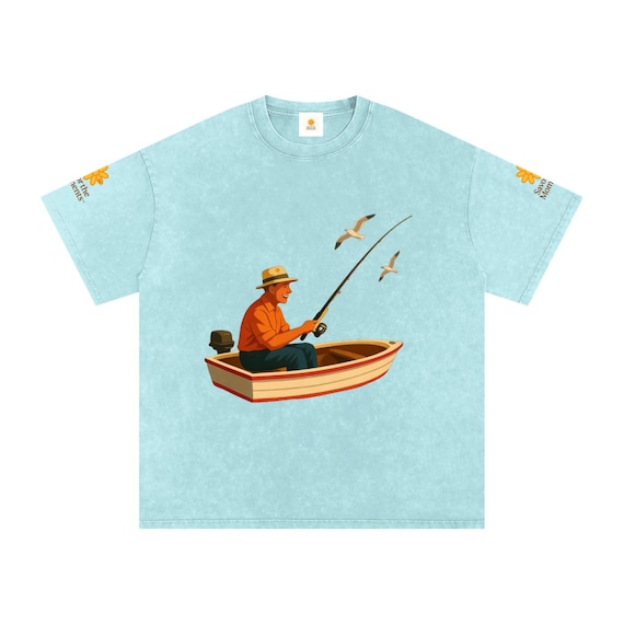 Coastal Fishing Boat T‑Shirt • Snow Washed Oversized Cotton Tee • Fishing Pole, Seagulls & Sea Graphic • Outdoor Ocean Adventure Style