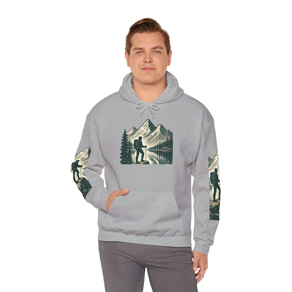 Mountain Hiker Graphic Hoodie | Scenic Lake Forest Sleeve Print
