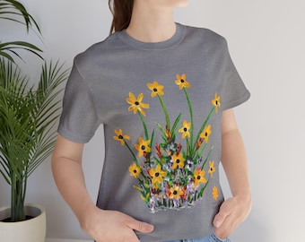 Hand-Painted Digital Print, Yellow Daisy Floral Tee, Wildflower Graphic Top