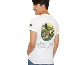 Racoon Adventure Awaits Graphic Tee, Inspirational Quote Shirt, Sustainable Fashion, Casual Everyday Top, Gift for Hikers