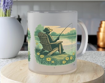 Lakeside Fishing Scene Frosted Glass Mug | Relaxing Dock Illustration, Sunlit Lake