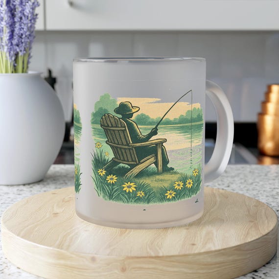 Lakeside Fishing Scene Frosted Glass Mug | Relaxing Dock Illustration, Sunlit Lake