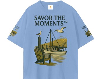 Coastal scene, Unisex Cotton Tee, fishing boat, seagulls, Adirondack chair, beach vibe, gift, Savor the Moments, gifting
