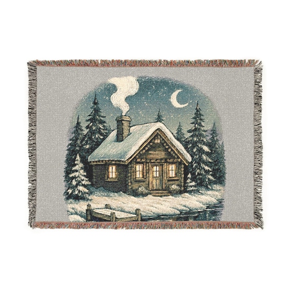 Cozy Snowy Cabin Woven Blanket | Winter Cabin Throw