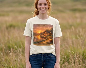 Sunset Lake Cottage Tee | Warm Evening Cabin Glow Shirt | Peaceful Lakeside Scene