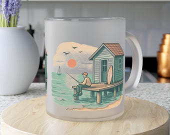 Coastal Cabin and Fishing Pier Frosted Glass Mug | Beach Sunset Illustration