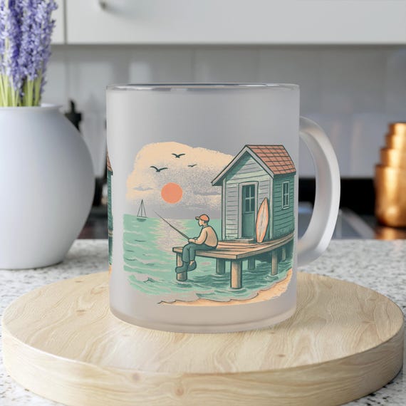 Coastal Cabin and Fishing Pier Frosted Glass Mug | Beach Sunset Illustration