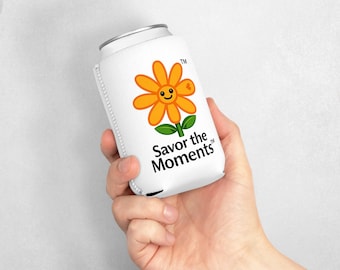 Meet "Savory" Our Mascot with a heart. Can Cooler, Savor the Moments, Neoprene Beverage Sleeve, Smiling Daisy.