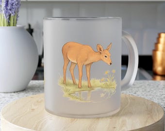 Watercolor Deer Illustration Frosted Glass Mug | Woodland Wildlife Ceramic-Style Drinkware