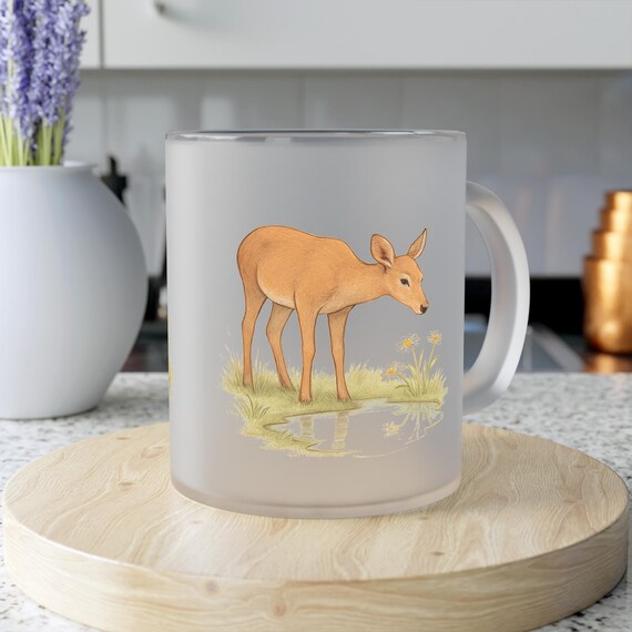 Watercolor Deer Illustration Frosted Glass Mug | Woodland Wildlife Ceramic-Style Drinkware
