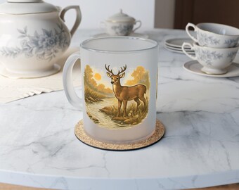 Deer Sunset Scene Frosted Glass Mug | Woodland Stream Illustration
