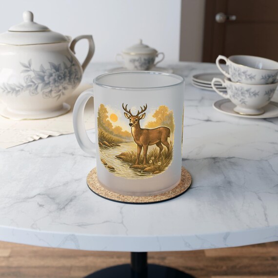 Deer Sunset Scene Frosted Glass Mug | Woodland Stream Illustration