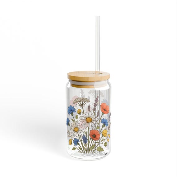 Floral Sipper Glass, 16oz - Eco-Friendly Drinkware for Everyday Use, Perfect for Parties, Picnics, and Gifting, Reusable Beverage Jar