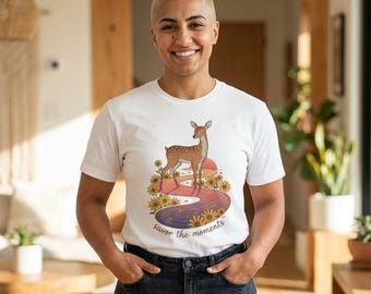 Deer, Animal, Wildlife Tee, Yellow Daisy Vibe, Unisex Classic Crewneck T-Shirt