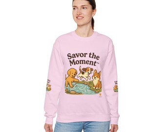 Cute Dog-Themed Crewneck Sweatshirt - Savor the Moment, Pet Lover Gift, Cozy Sweater, Animal Lover Apparel, Dog-Themed Fashion
