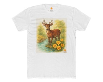 Deer by Creek T-Shirt, Outdoor Wildlife Shirt, Forest Animal Top, Rustic Woodland Apparel