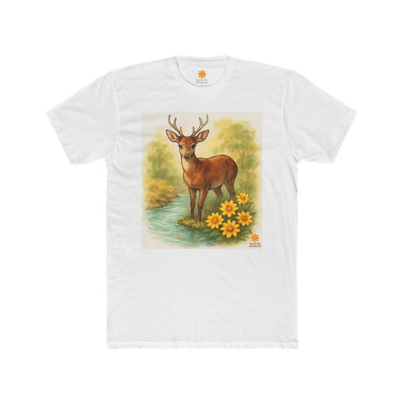 Deer by Creek T-Shirt, Outdoor Wildlife Shirt, Forest Animal Top, Rustic Woodland Apparel
