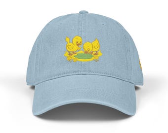 Duckling, Embroidery Denim Hat with Floral Design, Casual Hat, Gift for Garden Lovers, Summer Accessory, Adjustable Cap, Trendy Headwear