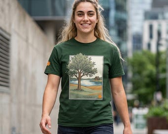 Lakeside Tree Illustration T-Shirt | Scenic Nature Landscape
