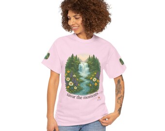 Waterfall, daisies, Nature-Inspired Floral Print T-Shirt - Unisex Tee Savor the Moments
