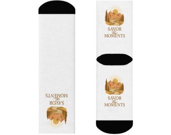 Sunset Landscape Crew Socks • Cozy Nature Motif • Outdoorsy Gift • Cottagecore Scenic Pattern Socks