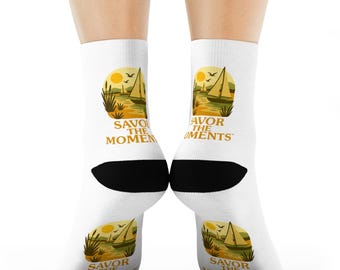 Sailboat Sunset Crew Socks • Nautical Vacation Illustration • Savor the Moments Coastal Gift
