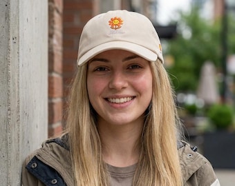 Smiling Sunflower, Dad Cap, Embroidered Floral Hat, Savor the Moments TM Mascot Hat