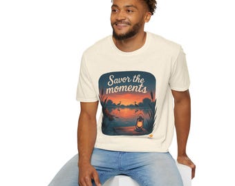 Coastal Marsh Sunset Tee • Unisex Softstyle Shirt • Pier Lantern & Herons Wildlife Graphic • Savor the Moments™ Nature‑Inspired Design